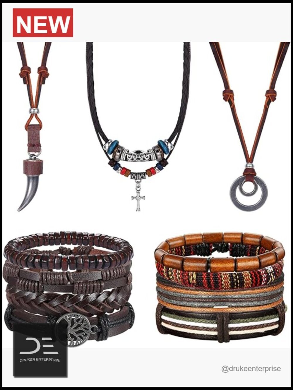 Leather Necklace Bracelet Set for Men Wolf Tooth Cross Wood Bead Adjustable